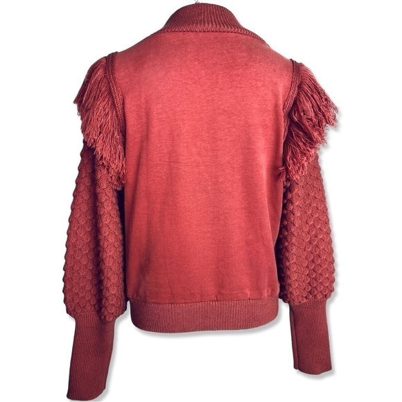 ANTHROPOLOGIE Dolan Statement Rust Knit Fringe Mock Neck Sweater Balloon Sleeve - Picture 3 of 7